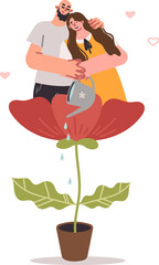 Couple in love takes care of creating strong family, watering plants to achieve reliable relationship. Happy man and woman enjoy married life and opportunity to lead peaceful family life