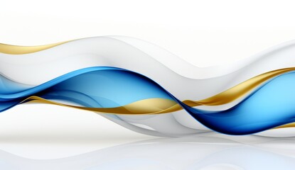 Blue and gold waves of curved shapes on a white background, rendered in 3D in the style of hd, high resolution.