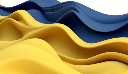 Blue and gold waves of curved shapes on a white background, rendered in 3D in the style of hd, high resolution.