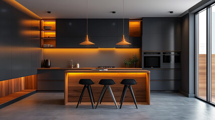 Modern kitchen interior with island featuring wood and black design