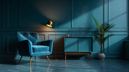 Fototapeta premium Blue velvet armchair standing in a modern living room with classic wall moldings
