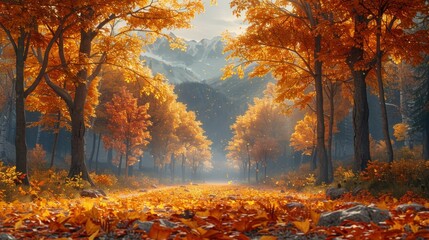 Enchanting autumn forest with mountain backdrop - generative ai