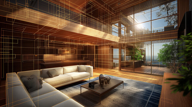 Modern open space living room with furniture showing 3d wireframe structure