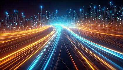 Obraz premium Optical data concept depicted by abstract glowing lines on a dark background. The high speed, vast capacity data transmission enabled by optical fiber technology in today's digital age. Generative AI 