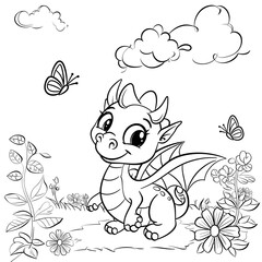 Cute dragon coloring page for kids. Black and white drawing. Butterflies and flowers. Happy Spring scene.