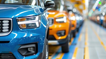 A car production line with cars, cars on the assembly lines, showcasing automotive technology and innovation