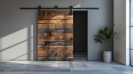 Modern interior with a rustic wooden sliding barn door and a potted plant beside it, within a minimalist gray room.