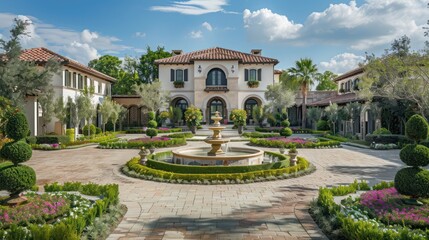 Obraz premium Mediterranean homea??s front garden with a circular driveway and a center fountain, framed by neatly pruned myrtle topiaries
