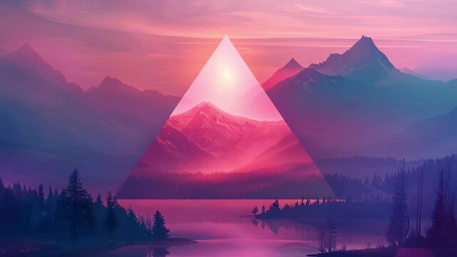 Surreal Landscape with Pink and Purple Mountains, Reflective Lake, and Geometric Pyramid Shape at Sunset	
