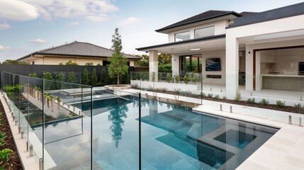 modern Mediterranean-style home with a clear glass pool fence and minimalist landscaping, highlighting clean lines and open spaces