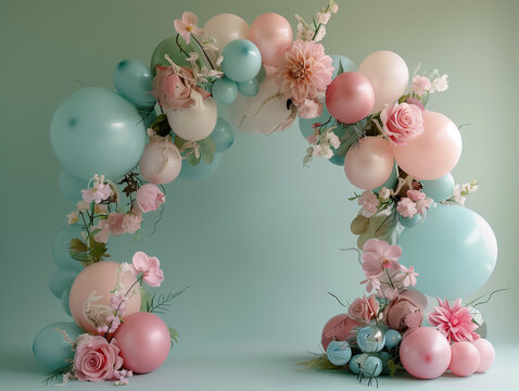Bright pink and colorful Christmas ornaments and balls in a circle frame a white holiday background