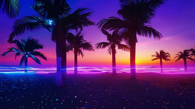 Synthwave 80s style sunset scenery with palm trees and ocean