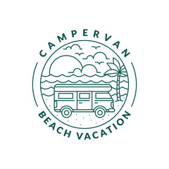 beach and campervan badge monoline or line art style vector illustration