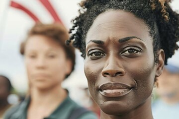 Diverse group of professionals celebrating Labor Day with American flags in the background. Can be used to represent unity, diversity, and the significance of various professions on Labor Day