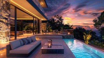 Upscale villa with an illuminated pool and cozy outdoor seating area at sunset.