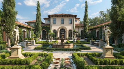 Obraz premium Elegant ranch with a formal, Italian-inspired garden featuring statues, fountains, and symmetrical plantings