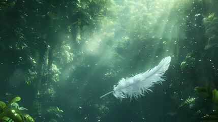 Feathers floating in the air surrounded by lush green leaves