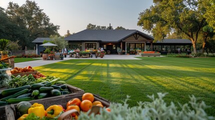 Elegant ranch with a sprawling front lawn that hosts a community farmers' market, complete with local produce and artisan goods