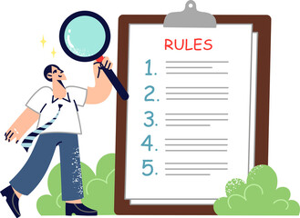 Businessman is studying clipboard with rules for new employees of company, holding magnifying glass in hand. Man stands near document with requirements and rules for behavior and skills of personnel