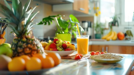 A healthy breakfast on a table, consisting of oatmeal with fruits, a smoothie, and fresh vegetables. The background is a kitchen. It is perfect for content related to diet, healthy eating, and fitness