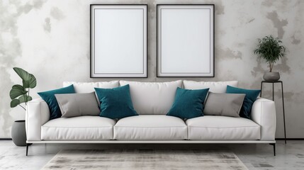 Modern living room with a white sofa, teal and gray pillows, two framed blank pictures, and indoor plants on either side.