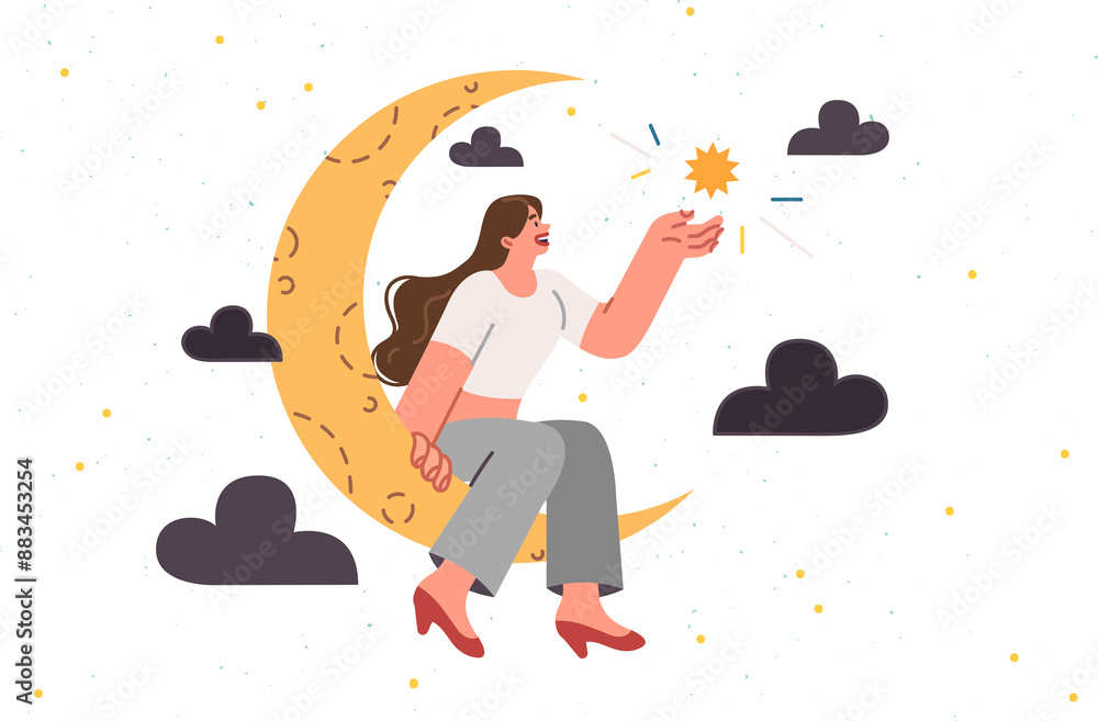 Wall mural dreamy teenage girl dreams of sitting on moon and holding star in hand, admiring beauty of night sky