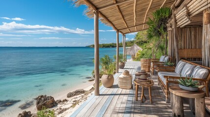 Obraz premium Stunning beachfront bungalow with wooden furniture and decor, overlooking turquoise ocean waters and a pristine sandy beach under a clear blue sky.