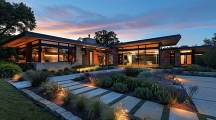 Obraz premium Modern ranch with an innovative design that incorporates recycled materials, creating a unique, eco-friendly aesthetic