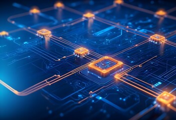 A futuristic circuit board with glowing orange nodes and interconnected lines, creating a complex and abstract technological landscape against a dark blue background