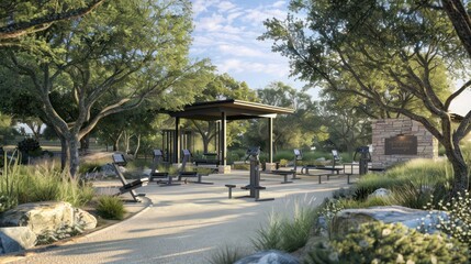 Modern ranch with an outdoor fitness circuit that includes stations for different types of exercise, integrated naturally into the landscape