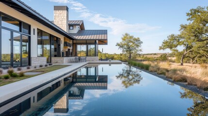 Fototapeta premium Modern ranch with a large, reflective pool that enhances the natural light and adds a peaceful element to the landscape