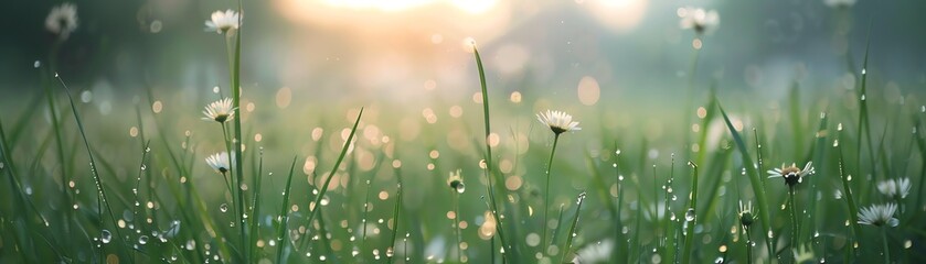 Serene morning dew on lush green grass with delicate white flowers, capturing the tranquility and beauty of nature at dawn.