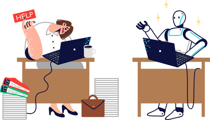 Business woman asks robot for help, after losing fight for job with artificial intelligence, sitting at table. Robot comes to aid of girl secretary, for concept of benefits of routine automation