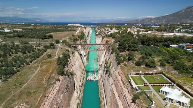 Aerial view of famous Corinth Canal of Isthmus, Peloponnese, Greece