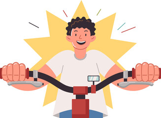 Happy child rides bicycle and laughs, enjoying active holiday in sunny summer weather. Teenage boy cyclist uses bicycle for trips to school or sports training for professional cycling