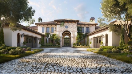 Obraz premium Morning view of a Mediterranean-style suburban house featuring a cobblestone driveway and an elegant arched entryway, no people
