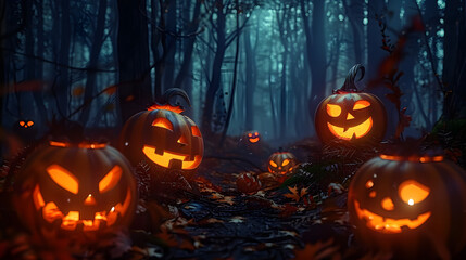 Halloween pumpkins in the forest at night.Halloween background with Evil Pumpkin. Spooky scary dark Night forrest. Holiday event halloween banner background concept
