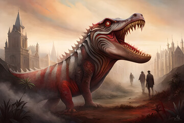 A painting of a dinosaur with a mountain in the background. Fantasy evil dragon portrait. Surreal artwork of danger dragon from medieval mythology. Oil painting art. High quality photo