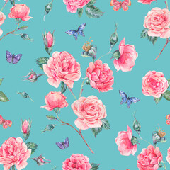 Watercolor rococo rose floral seamless pattern