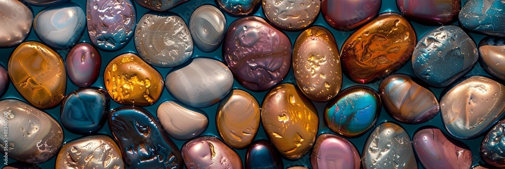 Aufkleber up-close view of smooth, multicolored pebbles showing their shiny metallic finish