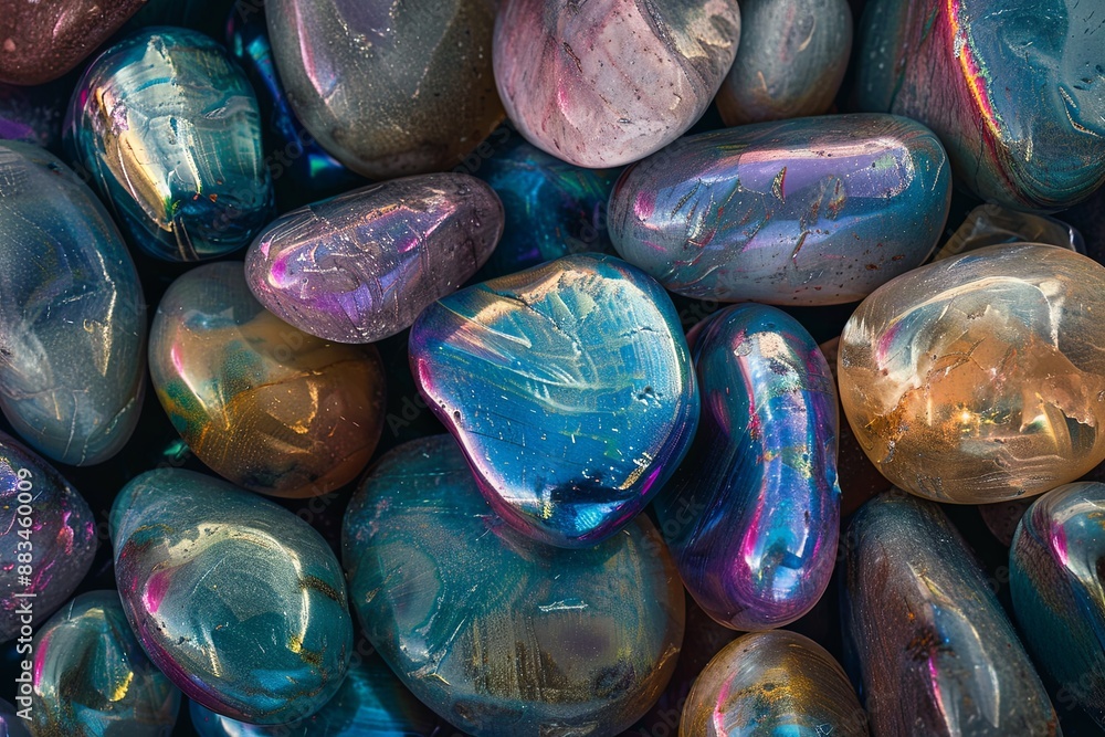 Poster Detailed View of Smooth, Multicolored Pebbles Gleaming With Metallic Finish