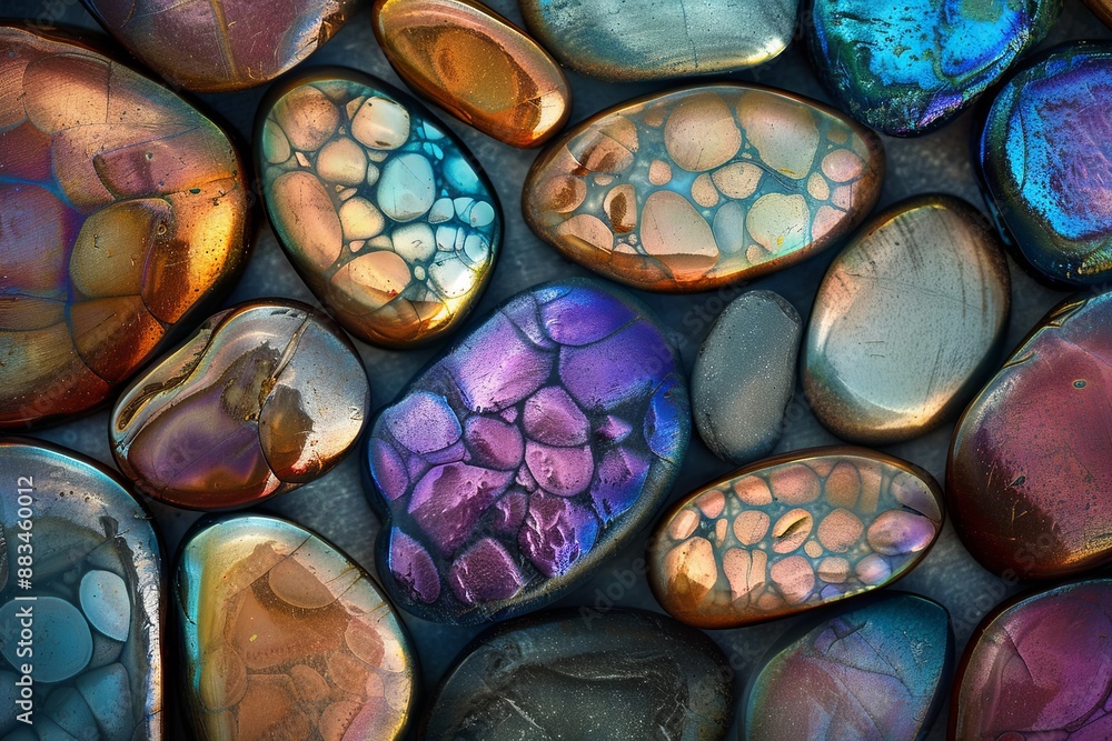 Aufkleber An Artistic Display of an Abstract Metallic Pebble Arrangement With a Stunning Array of Shapes and Colors