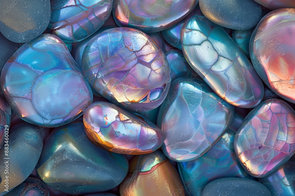 Poster detailed close-up image of smooth, multicolored pebbles featuring metallic sheen