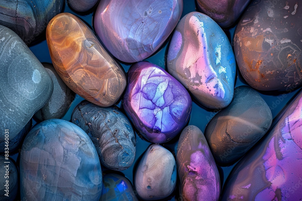 Poster detailed close-up image of smooth, multicolored pebbles featuring a metallic finish