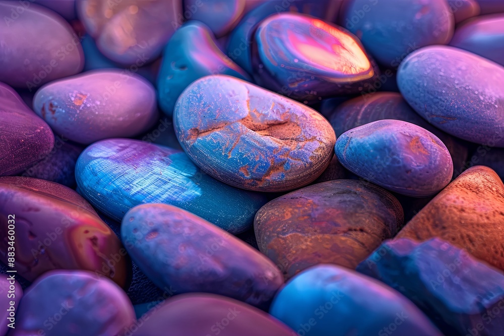 Poster an artistic composition featuring an abstract arrangement of smooth, multicolored pebbles