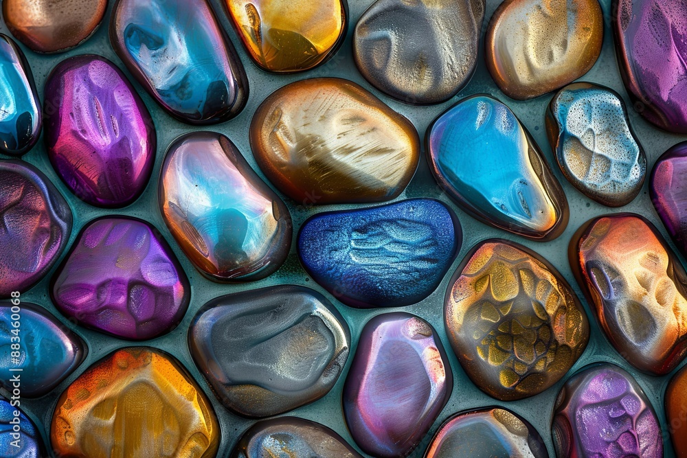 Poster An Artistic Close-Up Arrangement of Metallic Pebbles in a Wide Array of Vibrant Hues