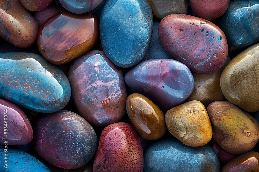 Poster Detailed View Showcasing Smooth, Multicolored Pebbles With a Distinctive Metallic Finish