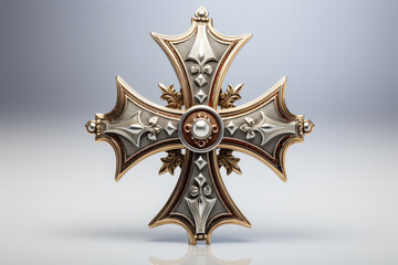 Ornate gold and white medallion with blue gem