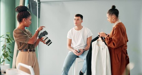 Photoshoot, fashion model and woman with clothes in studio on set for shoot, style and magazine catalog. Photography, backstage and person with camera equipment for clothing, designer brand or outfit