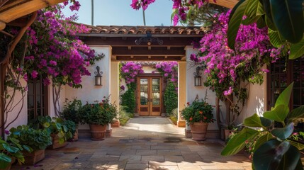 Obraz premium The entrance of a Mediterranean-style home framed by blooming bougainvillea and an antique wooden door, welcoming visitors into a serene courtyard